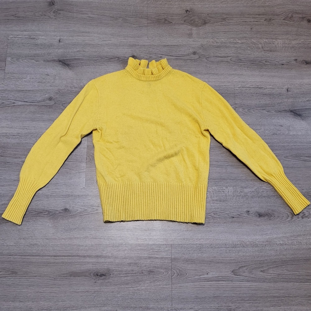J.Crew‎ Womens Yellow Lambswool Blend Ruffle Mock Neck Sweater Size S Keyhole
